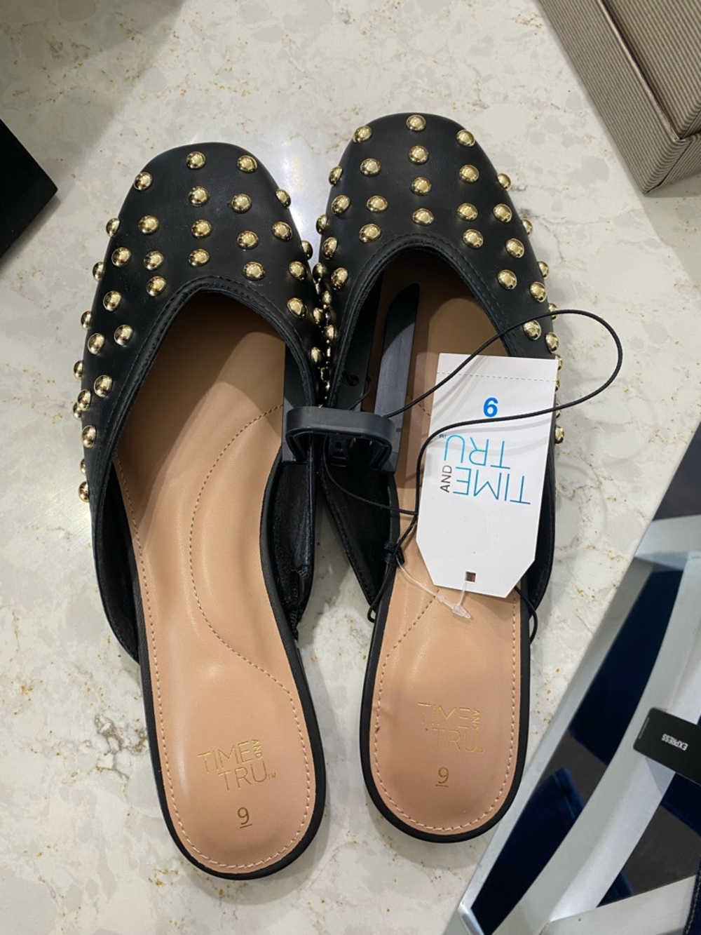 Time and Tru Black Slip-On Mules with Gold Studs